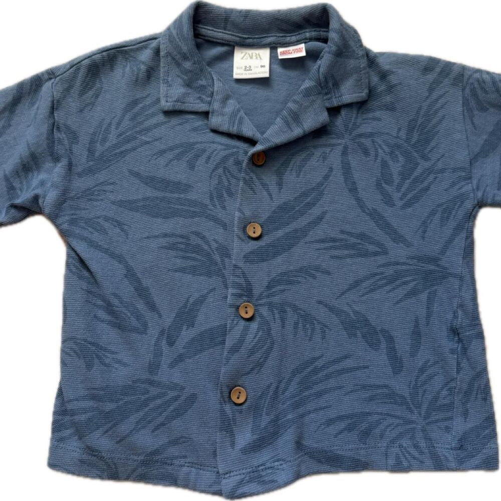 Zara Kids Blue Palm Tree Print Short Sleeve Button Up Shirt Size 2-3 Years